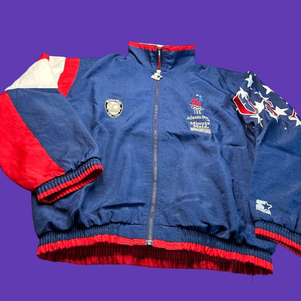 1996 Starter Atlanta Olympics Jacket Large USA Flag Full Zip Windbreaker Hood